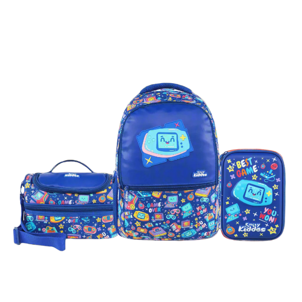 Gamer Theme 3-in-1 School Combo Pack | Backpack, Insulated Lunch Bag & Hardtop Pencil Case – Blue