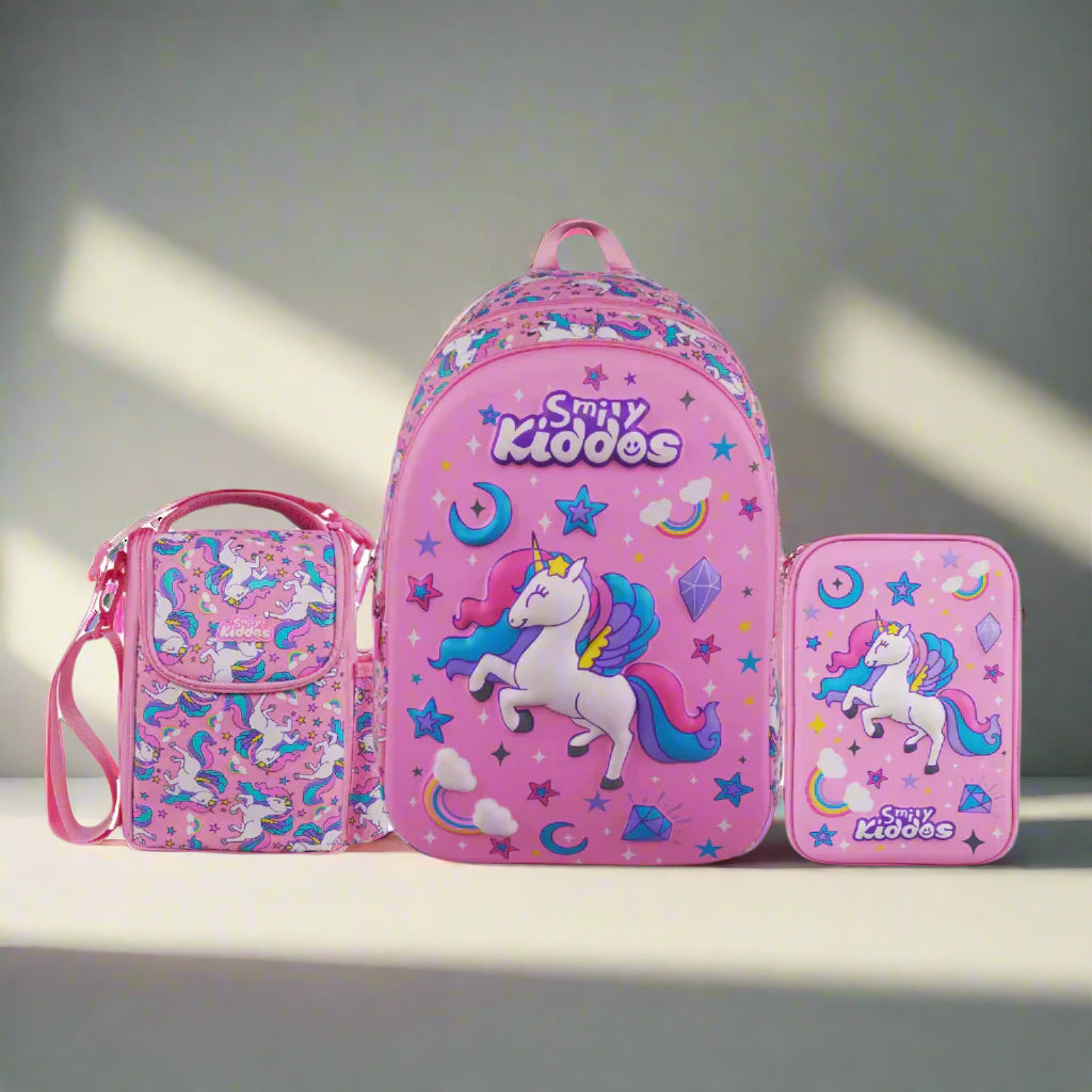 Smily Kiddos Sky Unicorn Theme Pink combo (Bag, Pencil box ,Lunch bag )