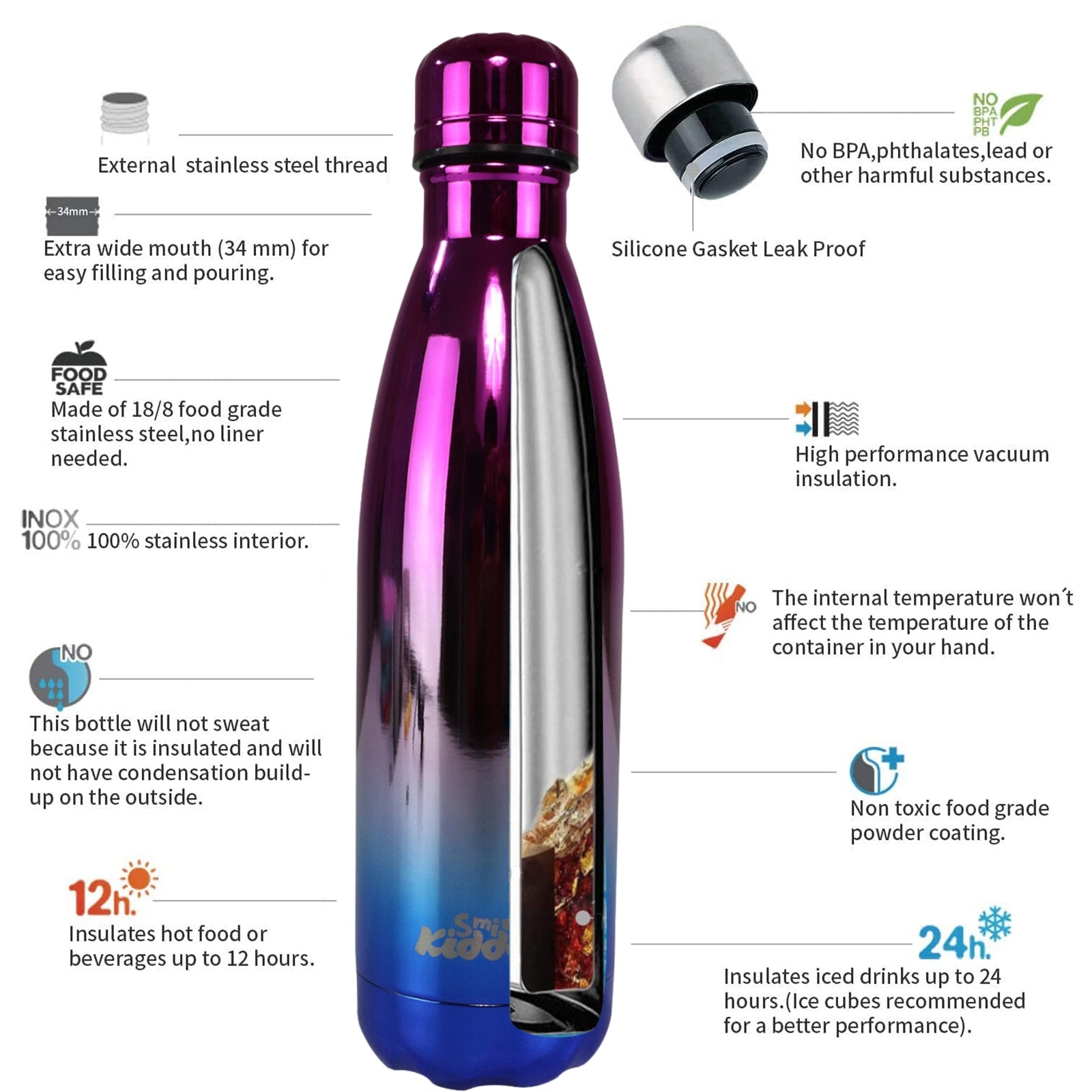 Smily Kiddos 500 ML Stainless Steel Holographic Water Bottle - Glossy Purple