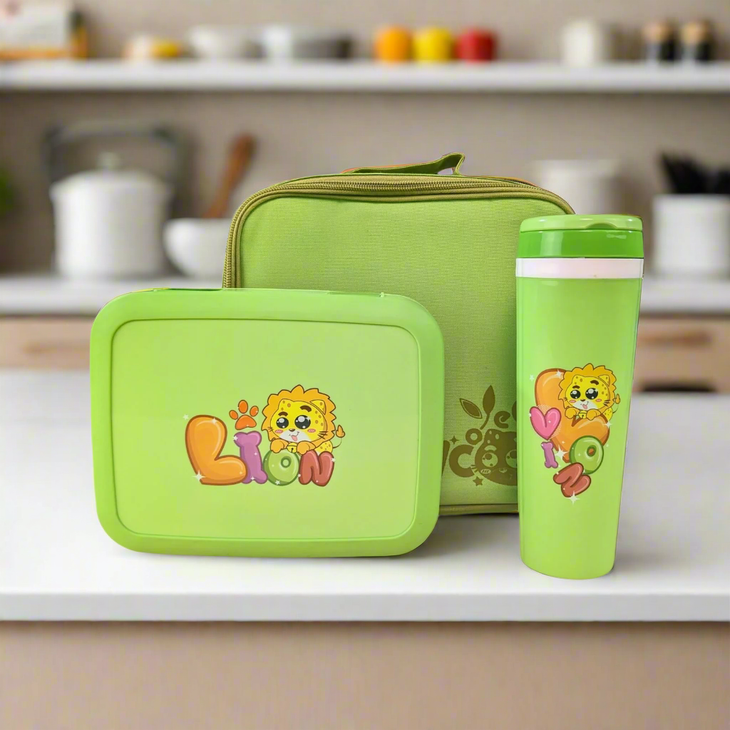 Lunch Combo Lion Theme Green ( LUNCH BAG, LUNCH BOX ,WATER BOTTLE)