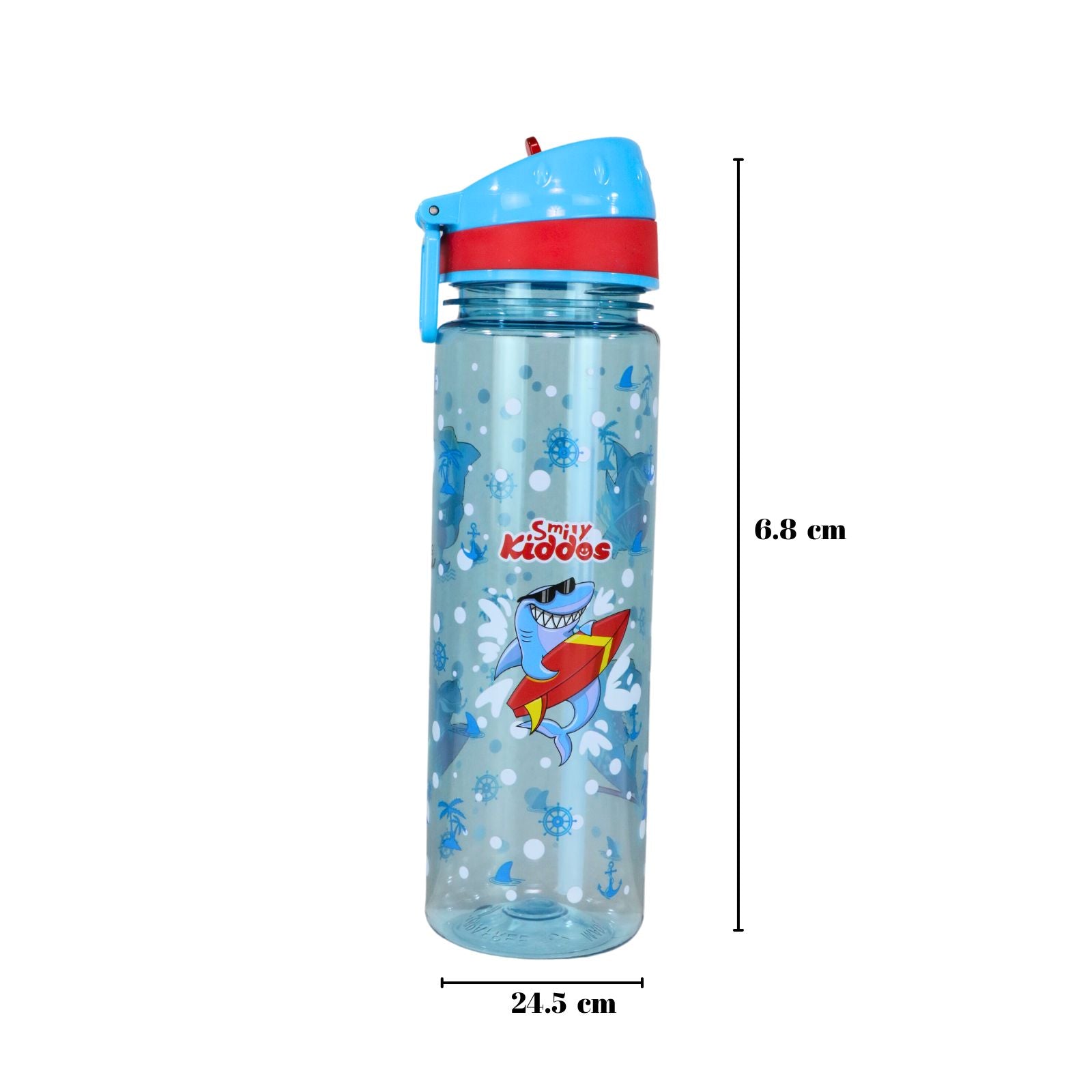 Smily Kiddos Straight Water Bottle With Flip Top Nozzle Shark Theme - Blue & Red