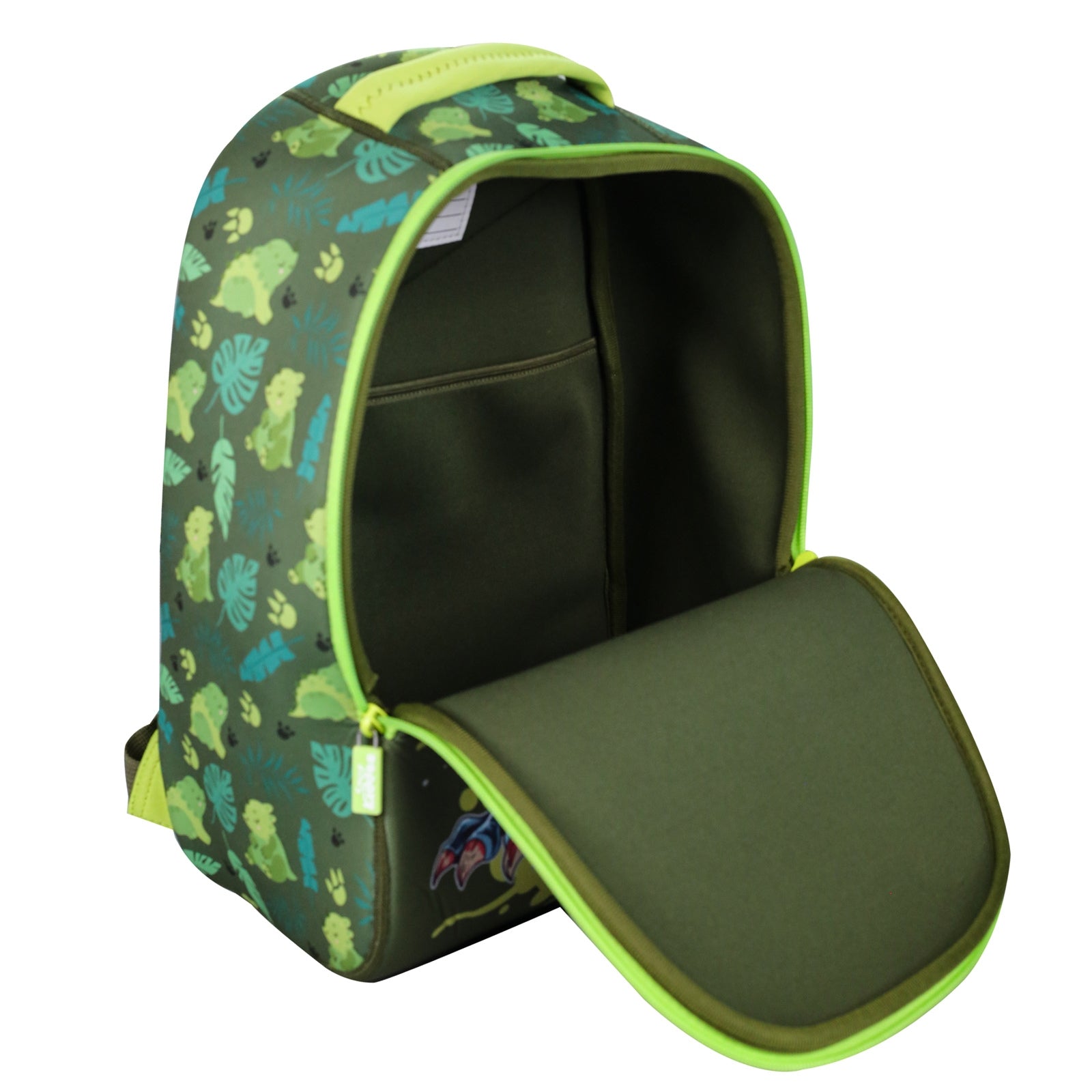 Roaring Dino Neoprene Preschool Backpack open 2