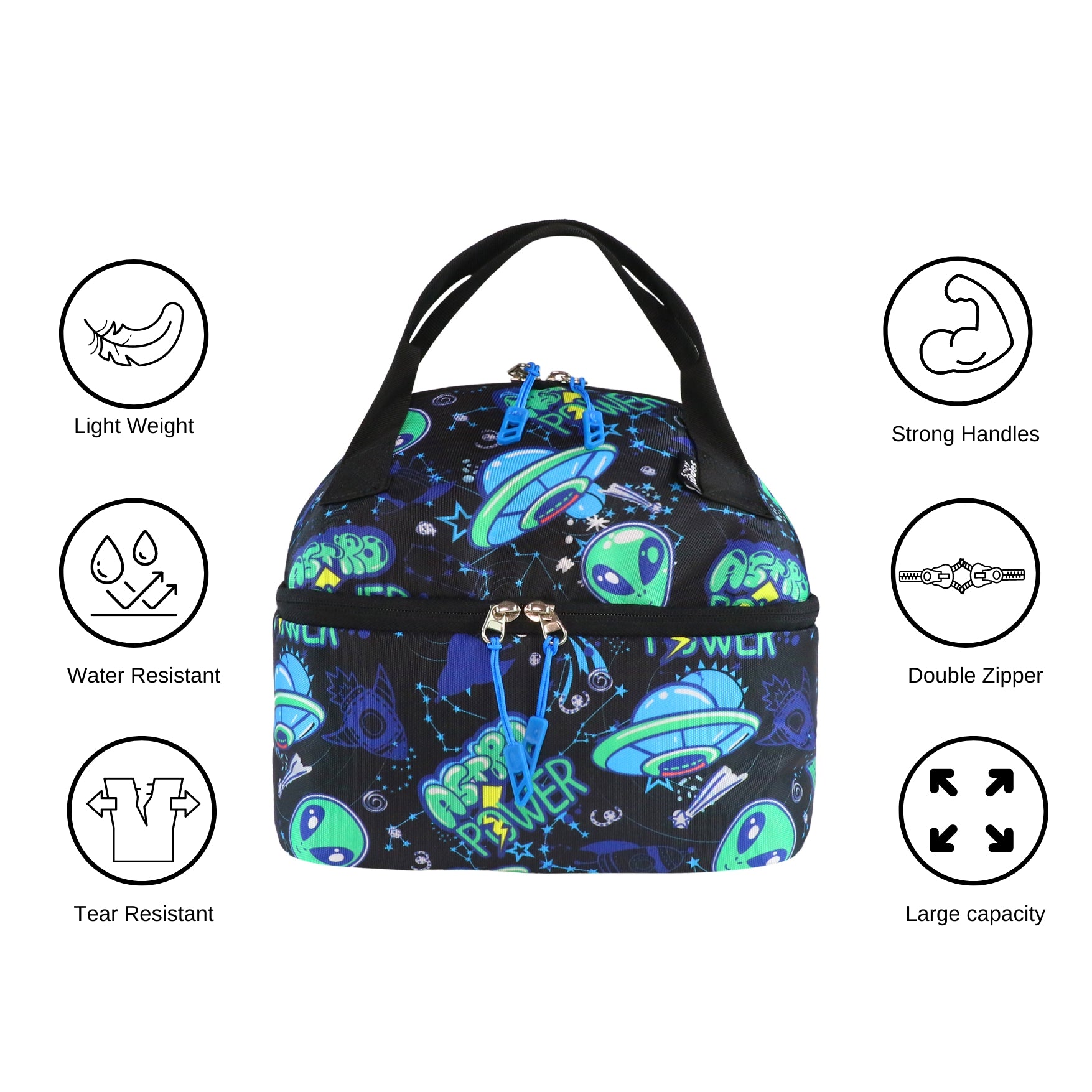 Smily Kiddos Double Decker Lunch Bag Alien Theme- Black LxWxH :25.5 X 17 X 20 CM