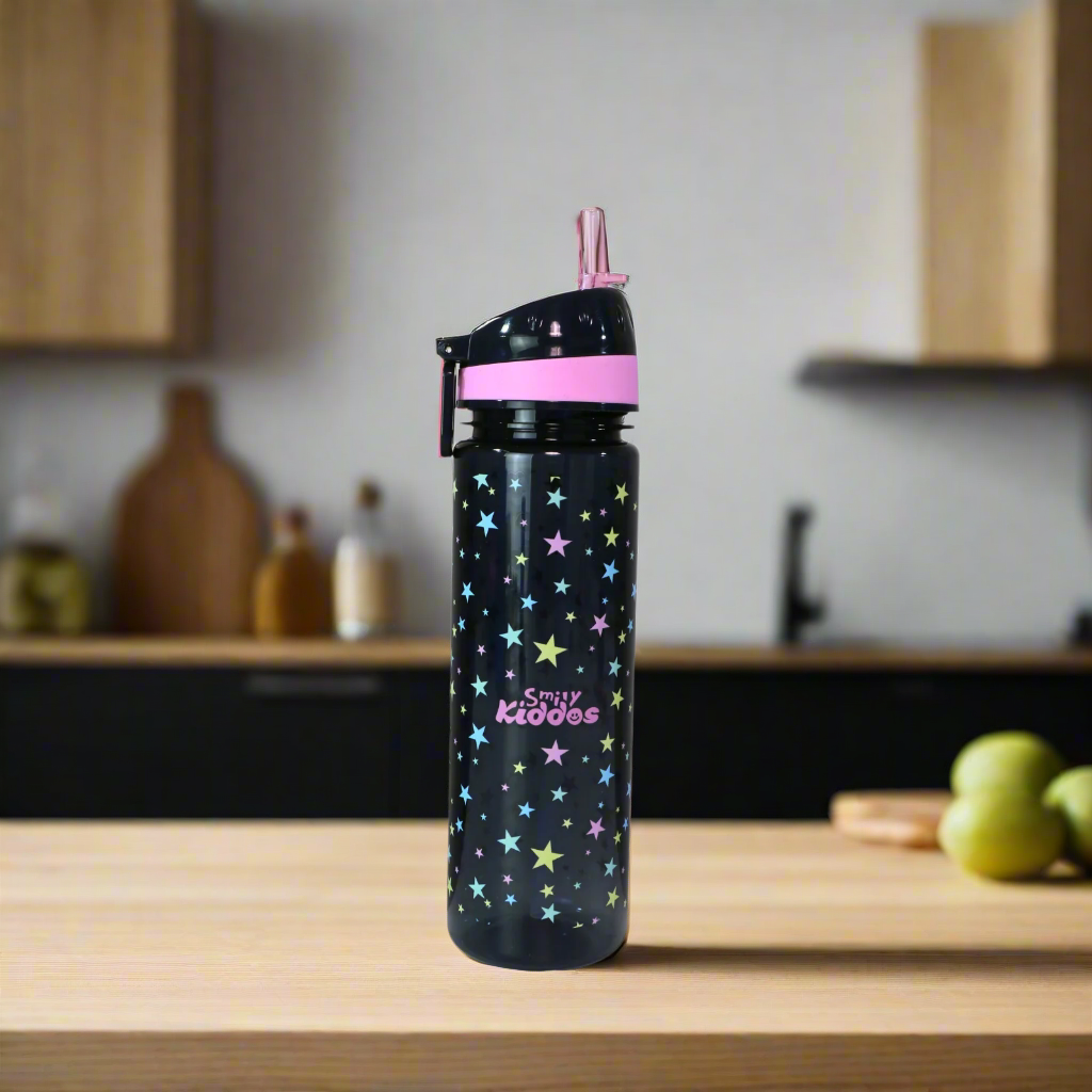 Smily Kiddos Straight Water Bottle With Flip Top Nozzle Happy Star Theme - Black & Pink