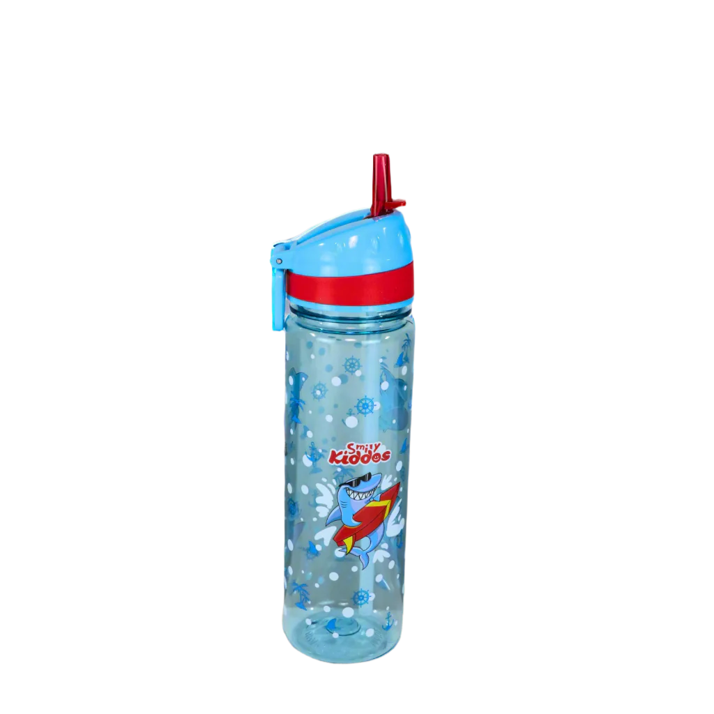 Smily Kiddos Straight Water Bottle With Flip Top Nozzle Shark Theme - Blue & Red