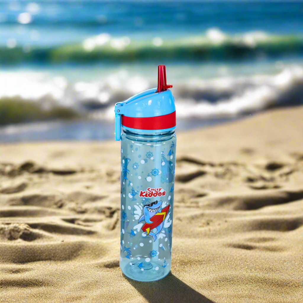 Smily Kiddos Straight Water Bottle With Flip Top Nozzle Shark Theme - Blue & Red