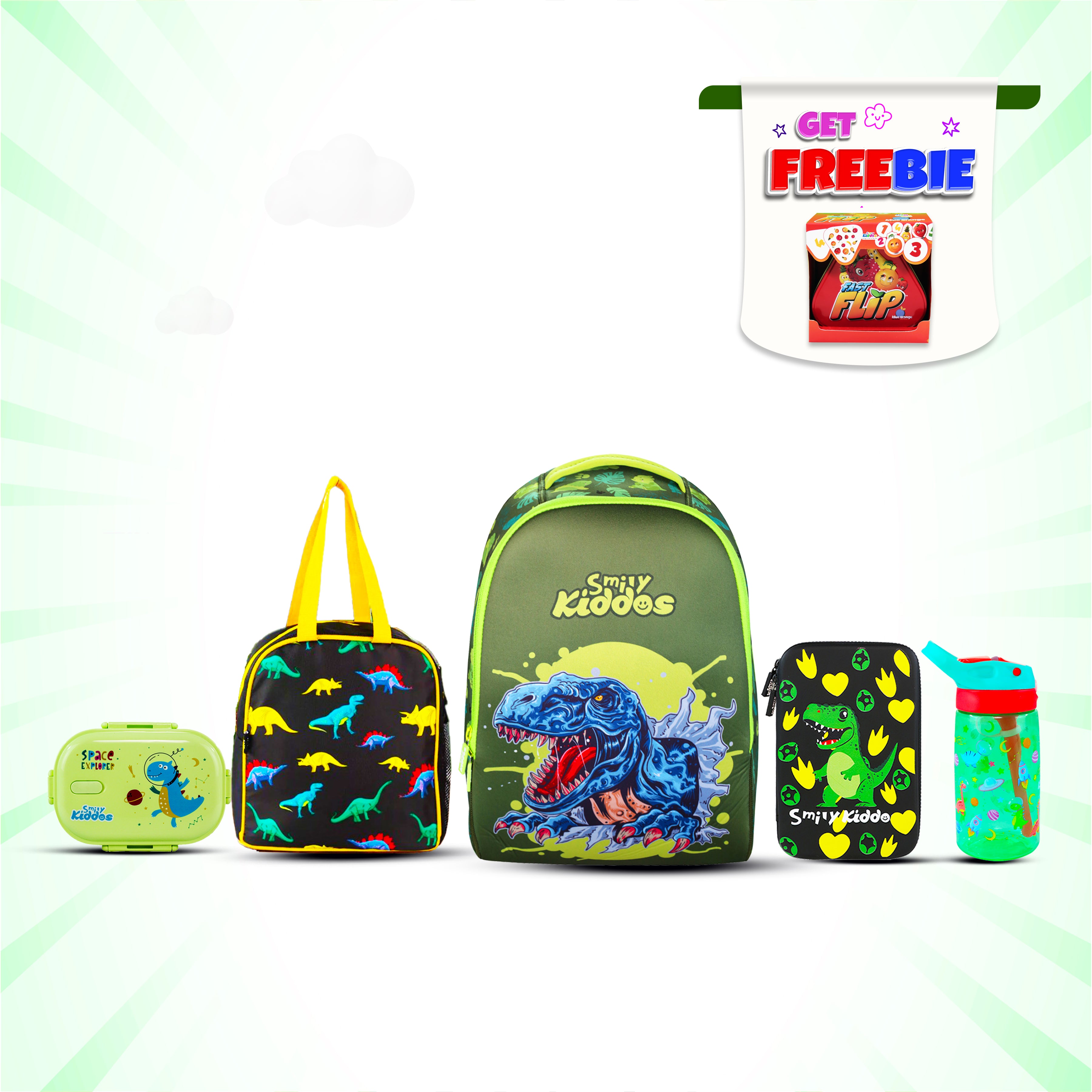 Smily Kiddos Combo Pack(Backpack,Pencil case,Lunch Bag,Lunch Box, Sipper Water Bottle Green