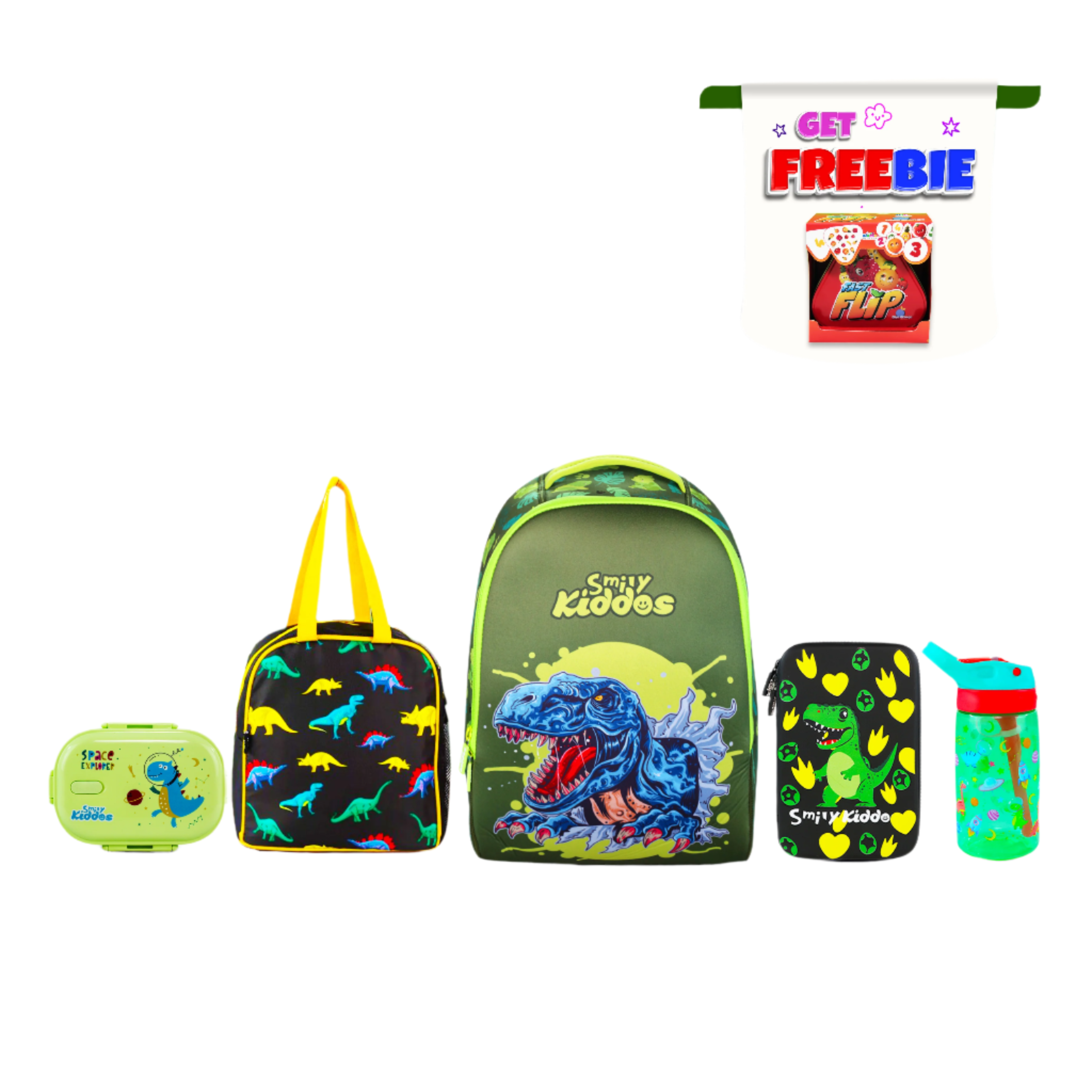 Smily Kiddos Combo Pack(Backpack,Pencil case,Lunch Bag,Lunch Box, Sipper Water Bottle Green