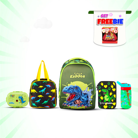 Image of Smily Kiddos Combo Pack(Backpack,Pencil case,Lunch Bag,Lunch Box, Sipper Water Bottle Green