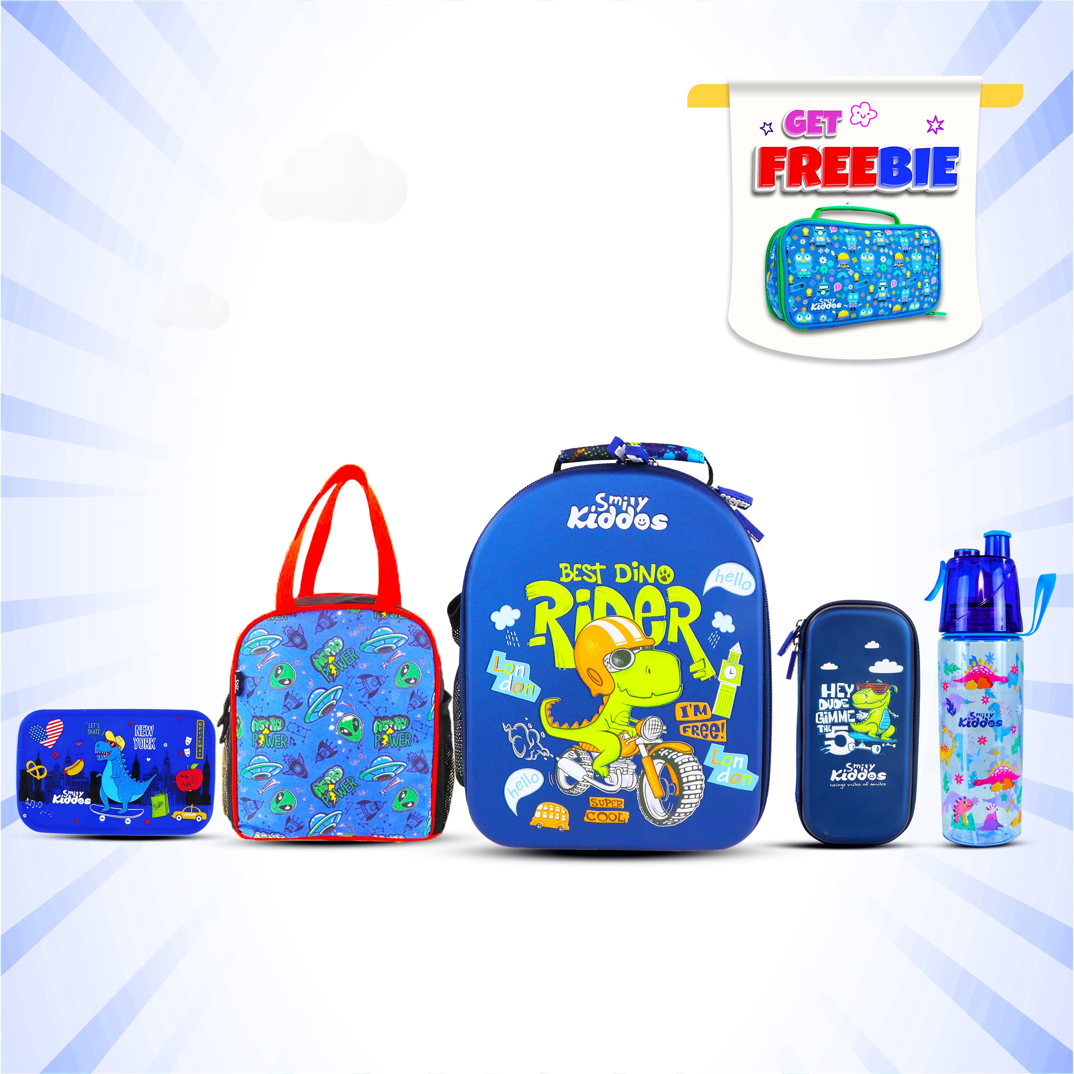 Smily Kiddos Combo Pack(Backpack,Pencil case,Lunch Bag,Lunch Box, Sports  Water Bottle Blue