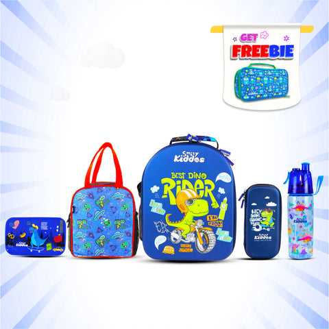 Image of Smily Kiddos Combo Pack(Backpack,Pencil case,Lunch Bag,Lunch Box, Sports  Water Bottle Blue