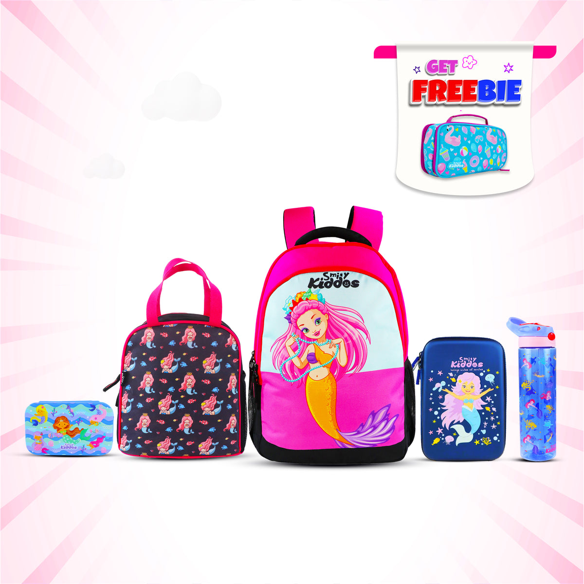 Smily Kiddos Combo Pack(Backpack,Pencil case,Lunch Bag,Lunch Box, Sipper Water Bottle Pink(Mermaid Theme)