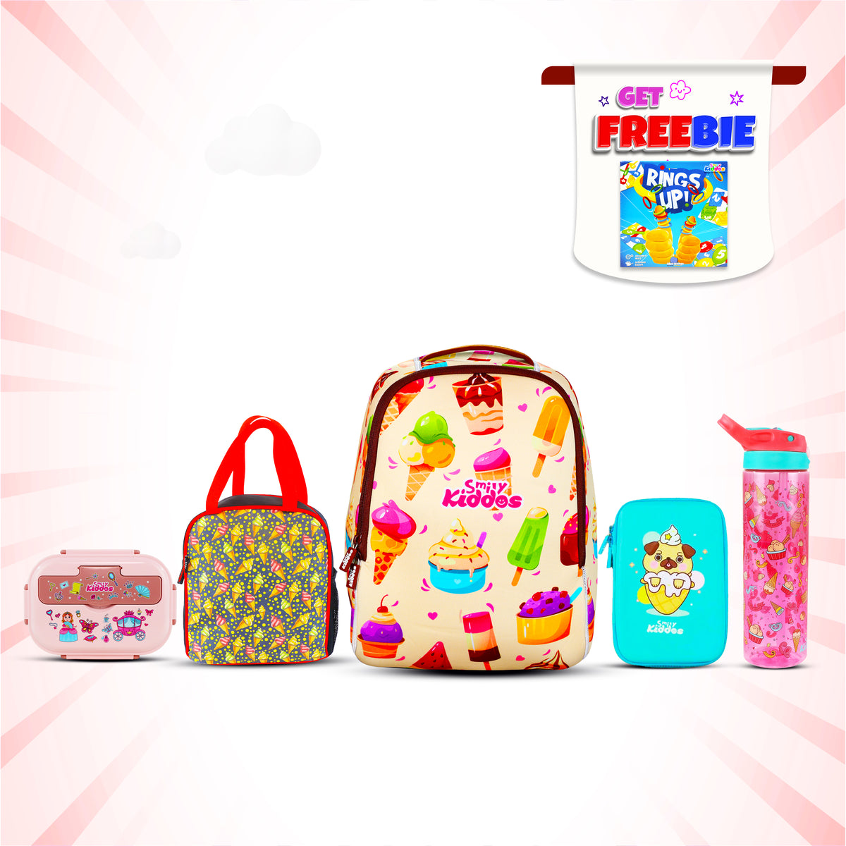 Smily Kiddos Combo Pack(Backpack,Pencil case,Lunch Bag,Lunch Box, Sipper Water Bottle Pink(Ice Cream Theme)