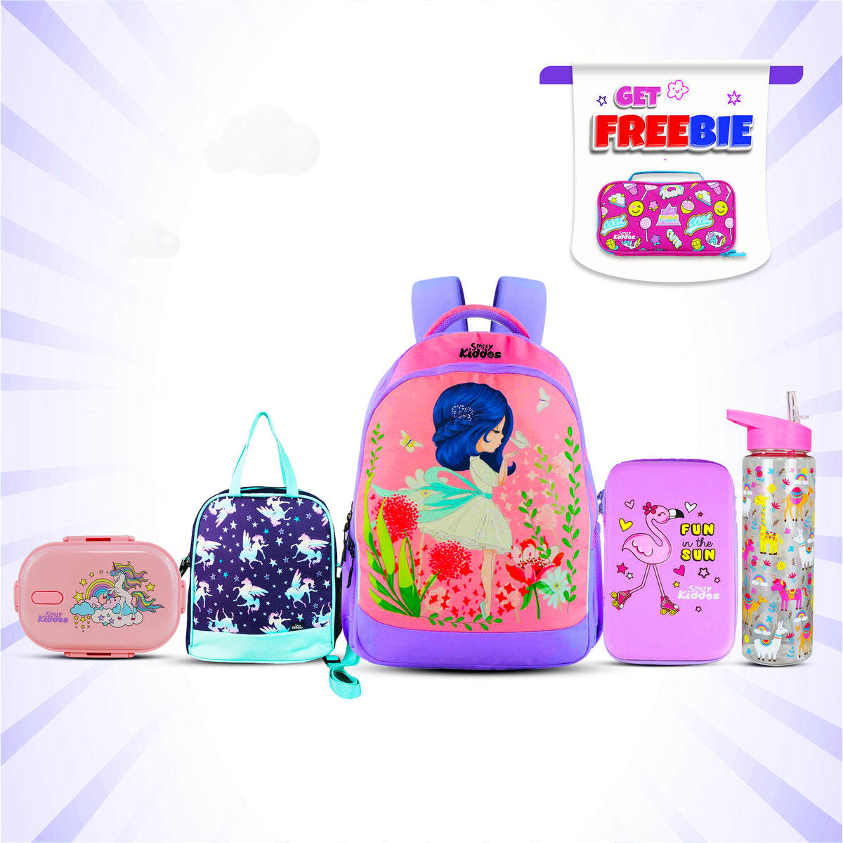 Smily Kiddos Combo Pack(Backpack,Pencil case,Lunch Bag,Lunch Box, Sipper Water Bottle Pink