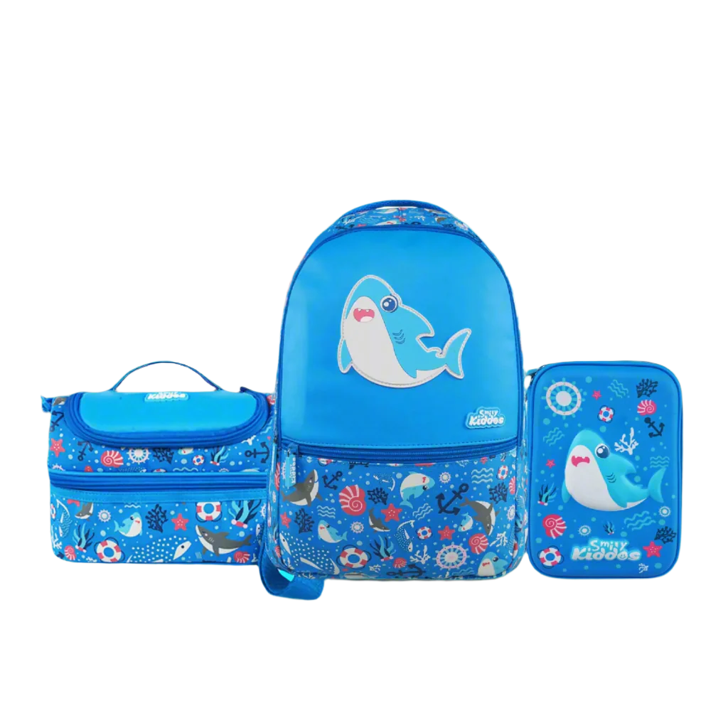 Baby Shark Theme 3-in-1 School Combo Pack | Backpack, Insulated Lunch Bag & Hardtop Pencil Case – Light Blue