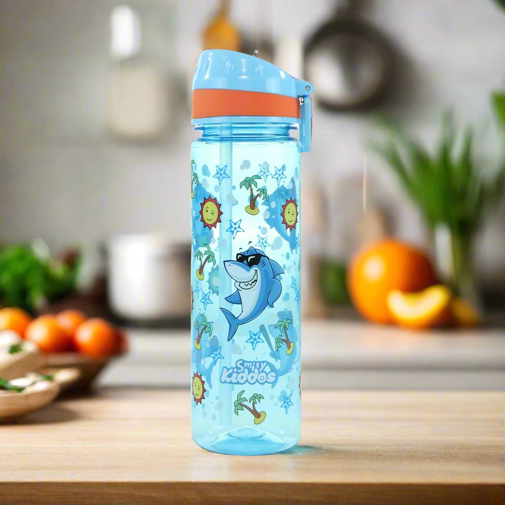 Smily Kiddos Straight Water Bottle With Flip Top Nozzle Happy Shark