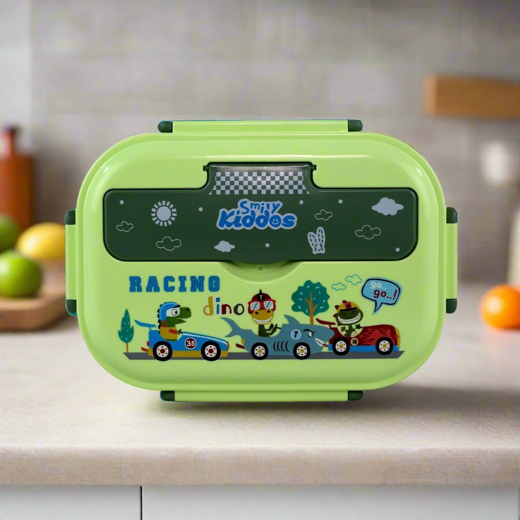 Smily kiddos Stainless Steel Racing Dino Theme Lunch Box - Green 3+ years